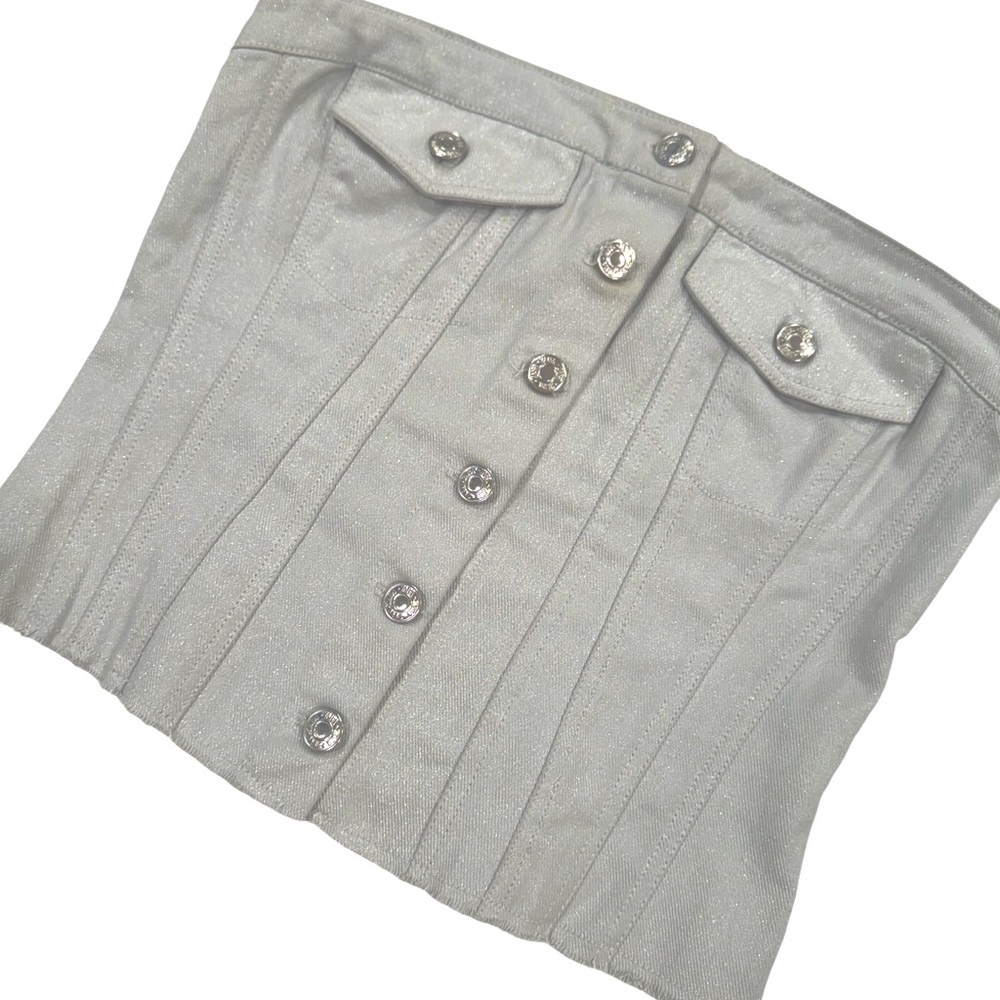 ZARA Denim Crop Top Corset Bustier Subtle Sheen Sparkle Shimmer Silver NWT Small - Picture 2 of 6